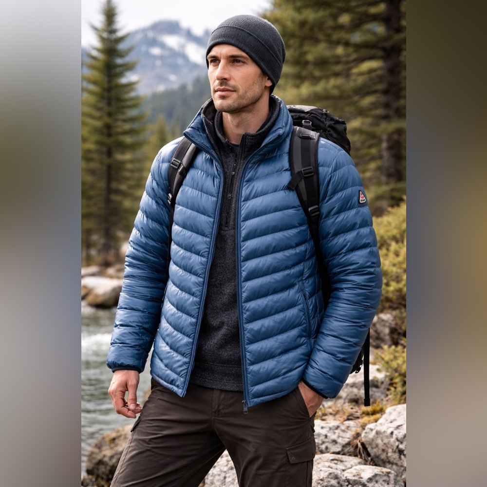 Bosideng Men’s Blue Down Puffer Jacket Lightweight Zip Front Large 185/100A V
